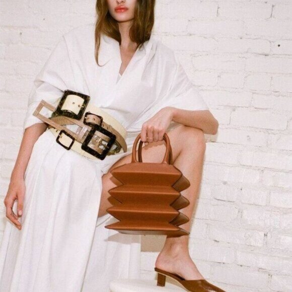 STAUD Wide Belt in Croc Effect Embossed Leather Butter Gold Tortoise Resin SM main image 7